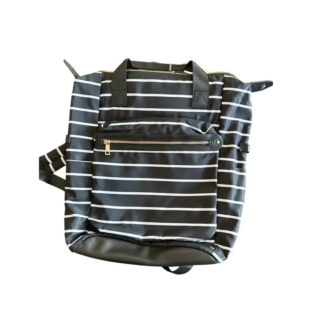 A New Day Black White Stripe Backpack Tote Laptop Bag Travel NWT Gold Zipper